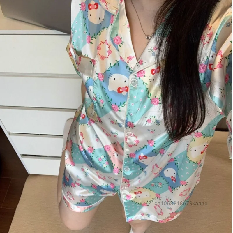 Sanrio Hello Kitty Printed Sleepwear Women\'s Summer Japanese Style Harajuku Cute Cartoon Pajamas Sweet Y2k Girl Fashion Home Set