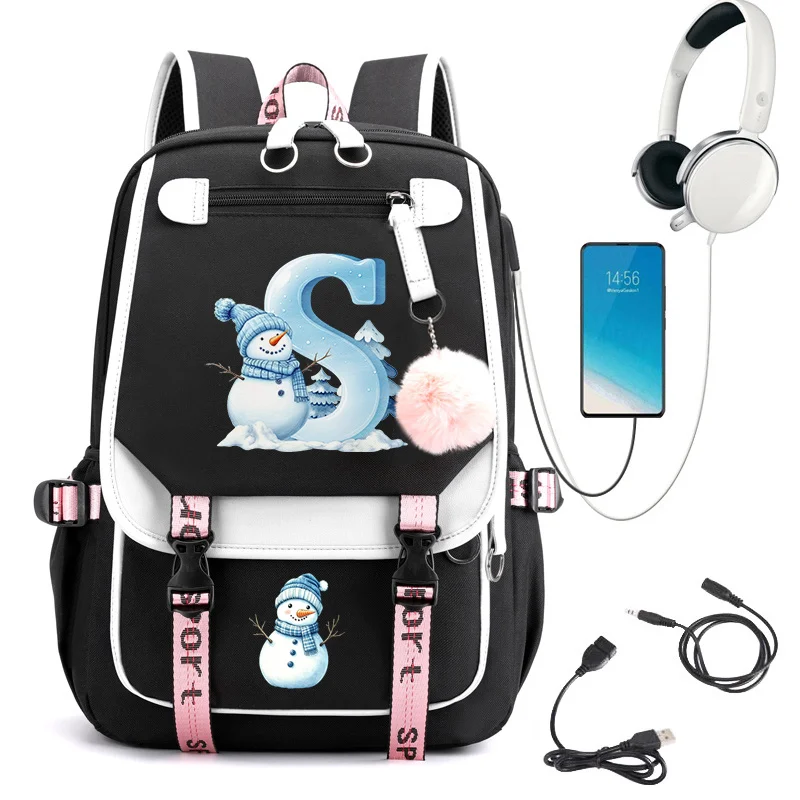 Christmas Snowman 26 Letter A-Z Backpack for Teen Girls Boys Schoolbag Fashion Xmas Holiday Casual Travel Laptop School Bag
