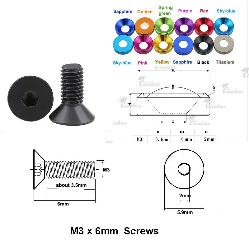 24pcs/lot,M3 x 6mm Socket Head Cap Black screw with Colors Aluminum gasket