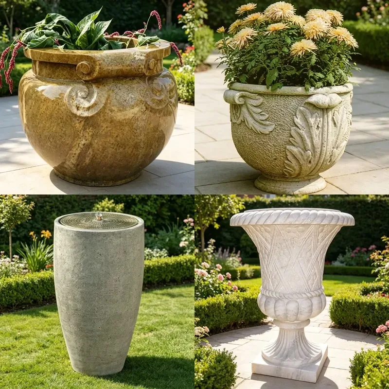 Natural Rust Yellow Stone Pot with Moire Carving Curled Marble Flower Pot Hotel Courtyard Water Feature Plant Landscape
