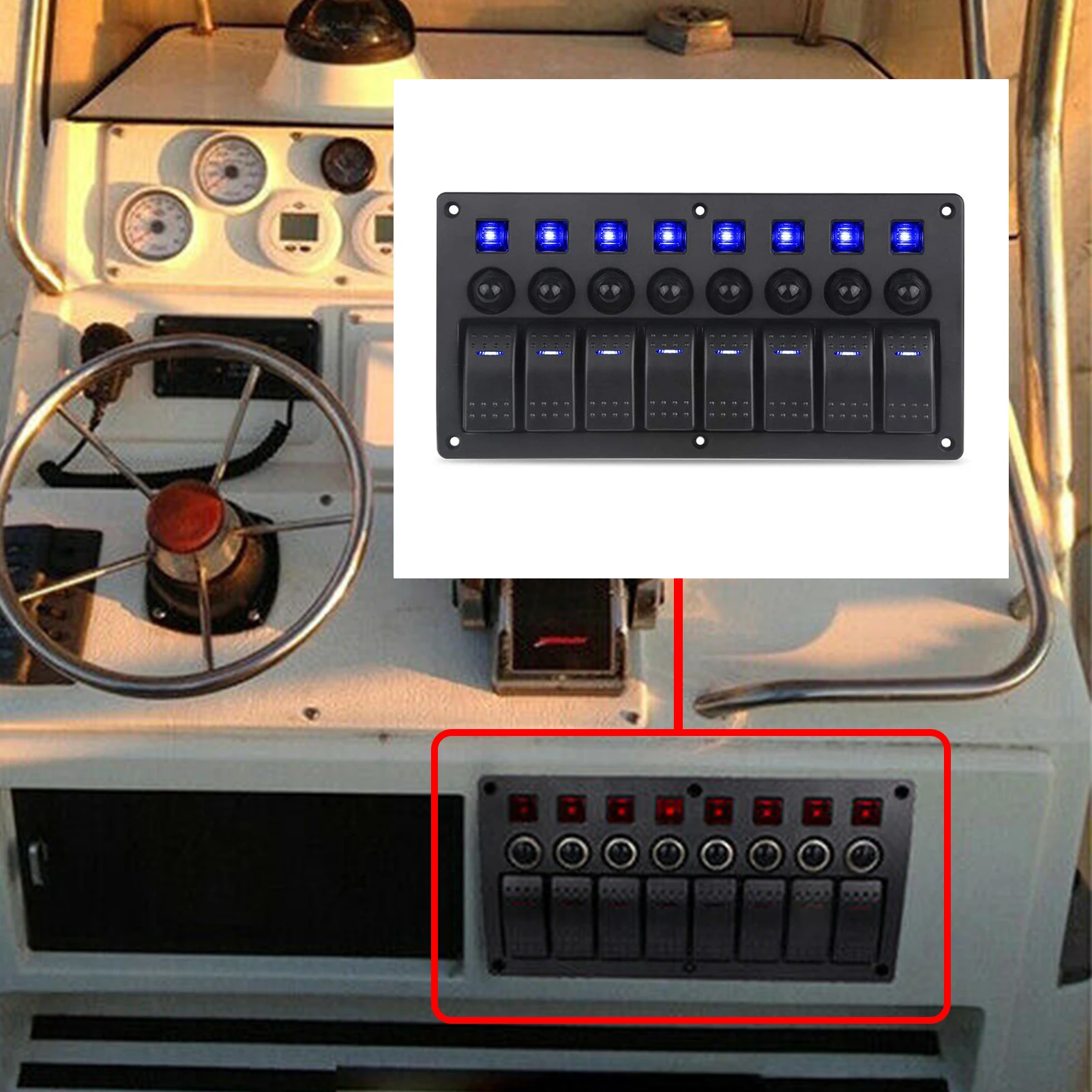 Marine Boat Car 8 Gang ON-Off Ignition Waterproof Toggle Rocker Switch Panel Circuit Breaker For RV Vehicle Truck Trailer Yacht