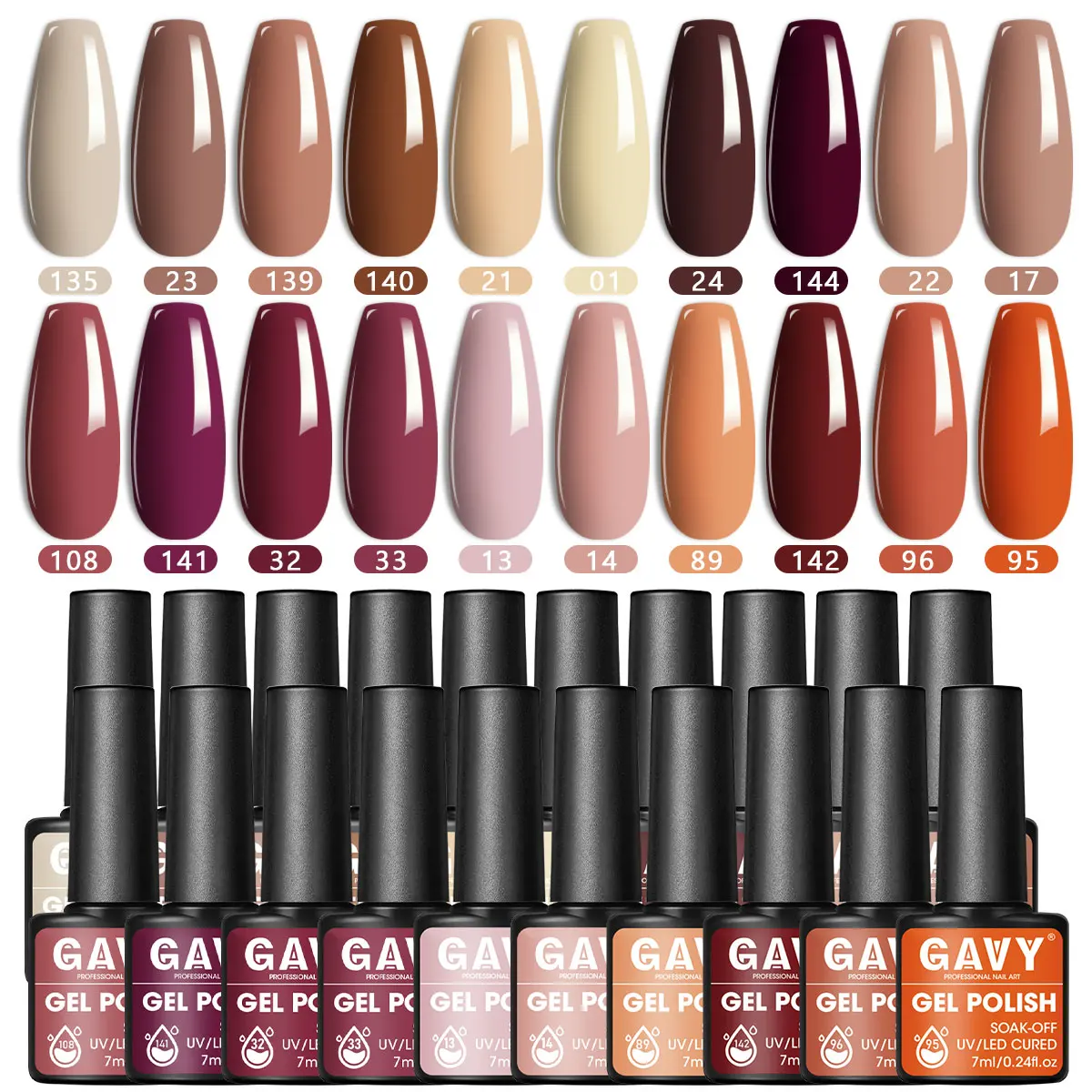 

20PCS Fall Winter Nude Brown & Wine Tone Gel Nail Polish Set, 7ml Each Soak Off UV Nail Gel, Long Lasting High Pigmented Glossy