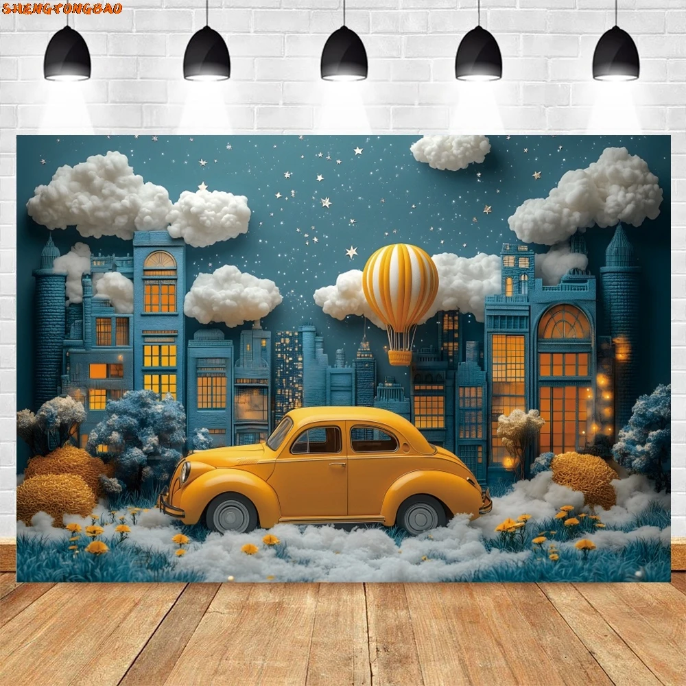 Toile de fond de photographie de ballons à air chaud de petite voiture, toile de fond de fête de 1er anniversaire, accessoires de studio photo, nuages, nouveau-né, baby shower