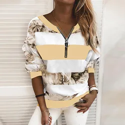 Autumn Striped Floral Printed Hoodies Women Ziper Long Sleeve Pullover Sweatshirts Streetwear 2023 New Women Plus Size Hoodies