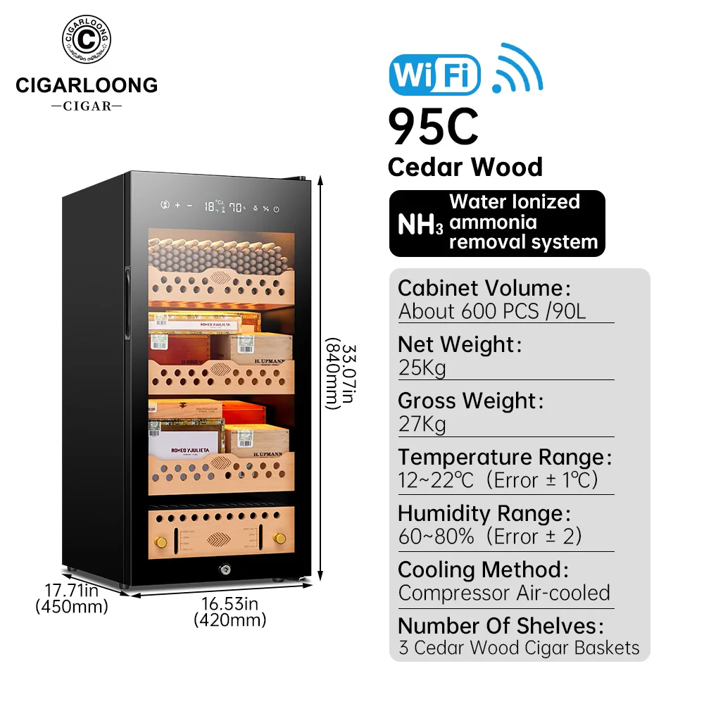 Cigar Cabinet with WiFi Compressor, Cedar Wood Cigar Humidor, Electronic Temperature, Humidity Control, Hold 600Pcs