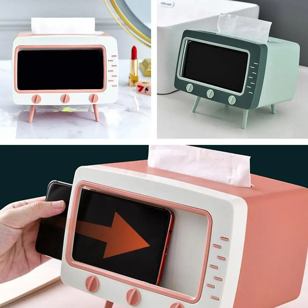 TV Shape Tissue Box Creative Multi-functional Desktop Tissue Storage Box With Practical Cell Phone Holder For Bathroom Kitc T3Z9