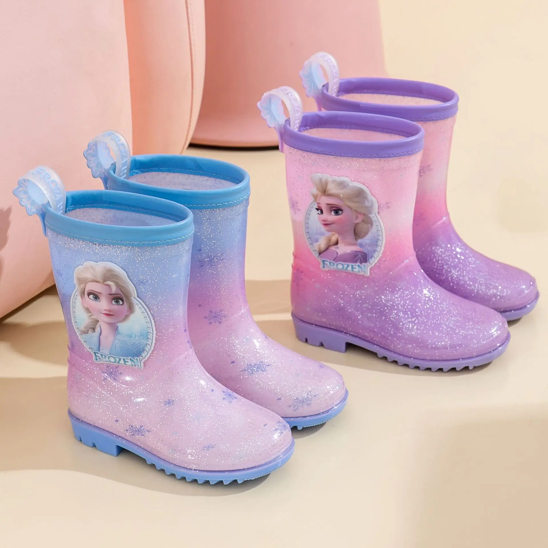 

New Disney Elsa Glitter Rain Boots - Anti-Slip All-Season Boots for Girls, Mid-Calf Cartoon Design