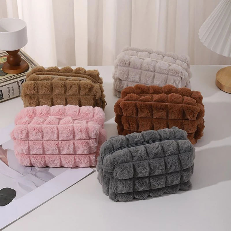 Cute Plush Travel Cosmetic Lipstick Brush Storage Bag Toiletry Kit Women Kawaii Makeup Handbags Organizer Pouch Bags Pencil Case