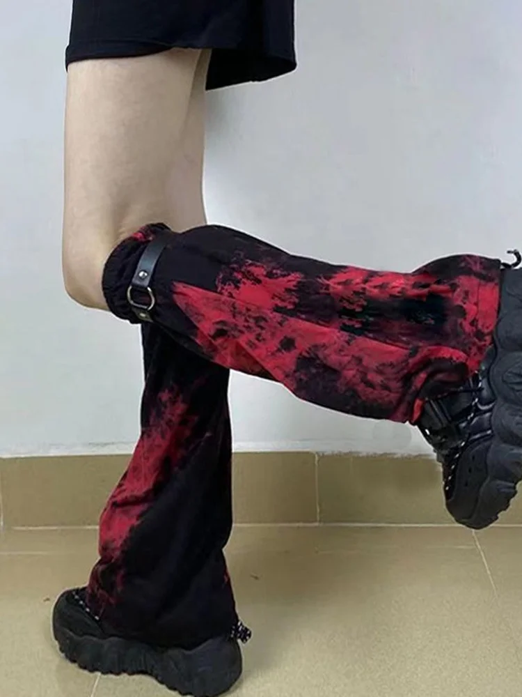 

Grunge Punk Girl Goth Leg Warmer Black Red Tie Dye Lady Y2k Harajuku Gothic Foot Covers PU Strap Long Sock Chic Streetwear