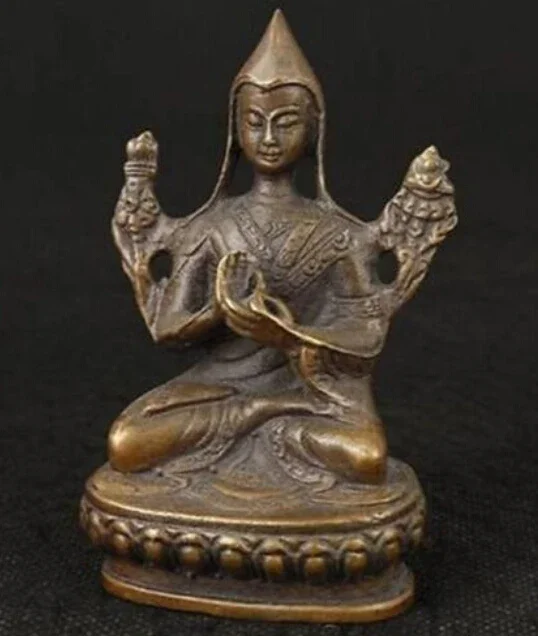 Chinese OLD Bronze Carved Tibetan temple Buddhism Je Tsongkhapa Buddha Statue