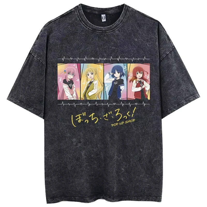 Hot Sale Anime Bocchi Club Music Band Graphic Print T-shirt Men Women Vintage Washed O-neck Cotton Oversized Top Summer New Tee