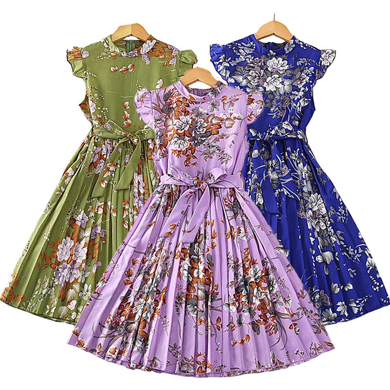 2024 New Summer Girls Dress Retro Style Full Print Flower Bow Princess Dress For Kids Children Birthday Present Clothes