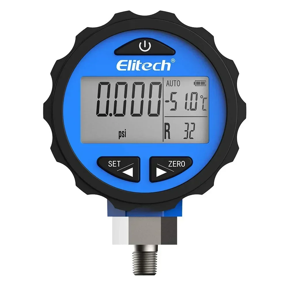 Elitech PG-30Pro Blue Digital Pressure Gauge Refrigeration HVAC for 87+ Refrigerants with Backlight -14.5-500 PSI 1/8'' NPT