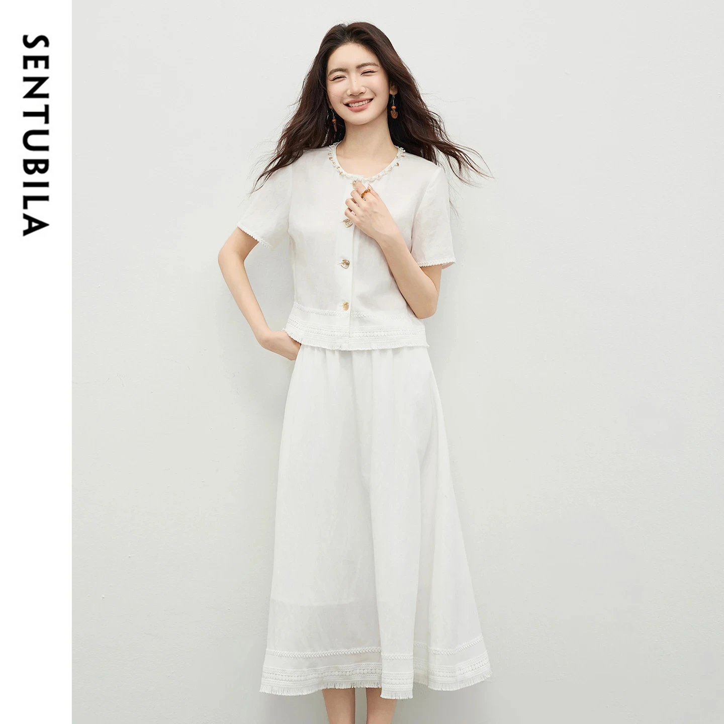 

SENTUBILA Women's Bohemian Two-Piece Set 2026 Summer New Short Sleeve Round Neck Lace Trim Hem Top A-Line Skirt Sets 162ZK4729