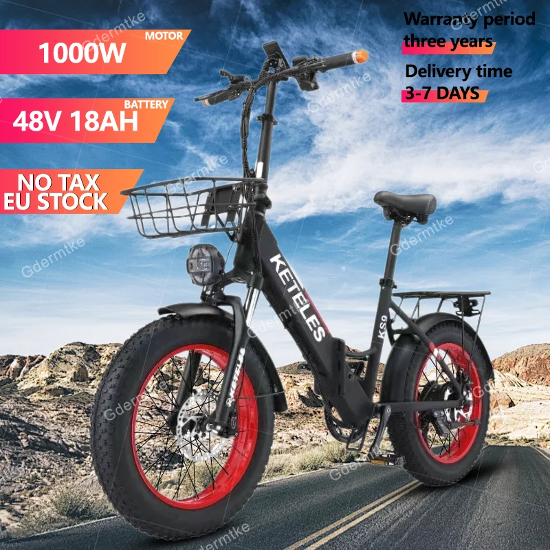 KETELES KS9 E Bike folding with basket 20*4.0 inch fat tire electric bike 1000W motor 48V18AH battery mountain electric bicycle