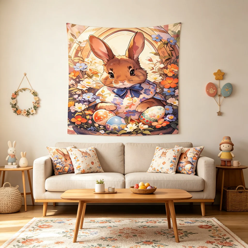 1PC Easter Rabbit Basket Art Print Backdrop Banner, Bedroom Living Room Photo Background, Polyester, Home Decor, Wall Art