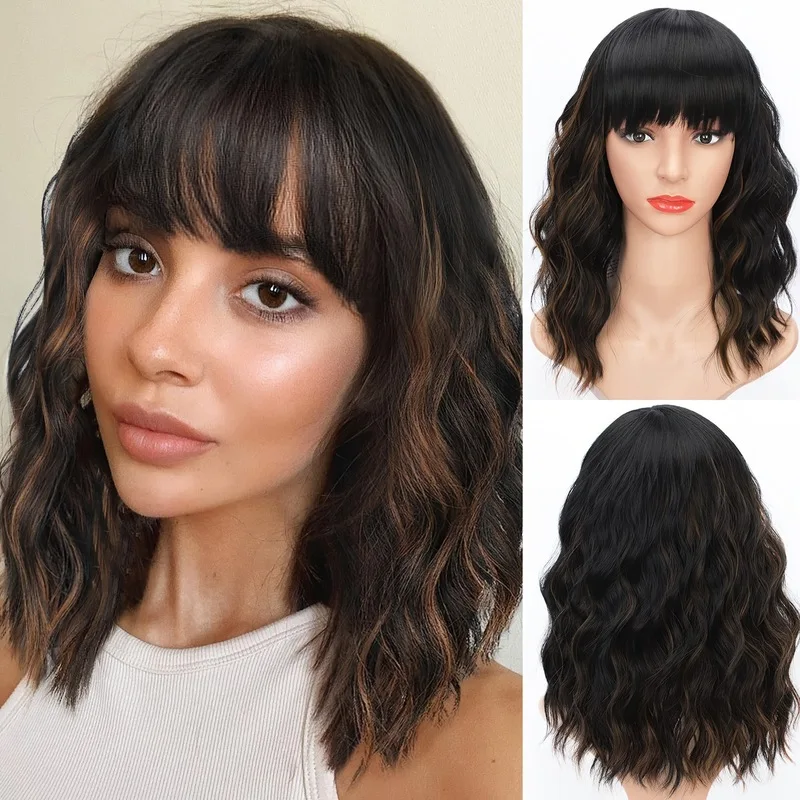 European and American style women's wigs with bangs, short wavy hair, synthetic high-temperature fiber machine-made wigs