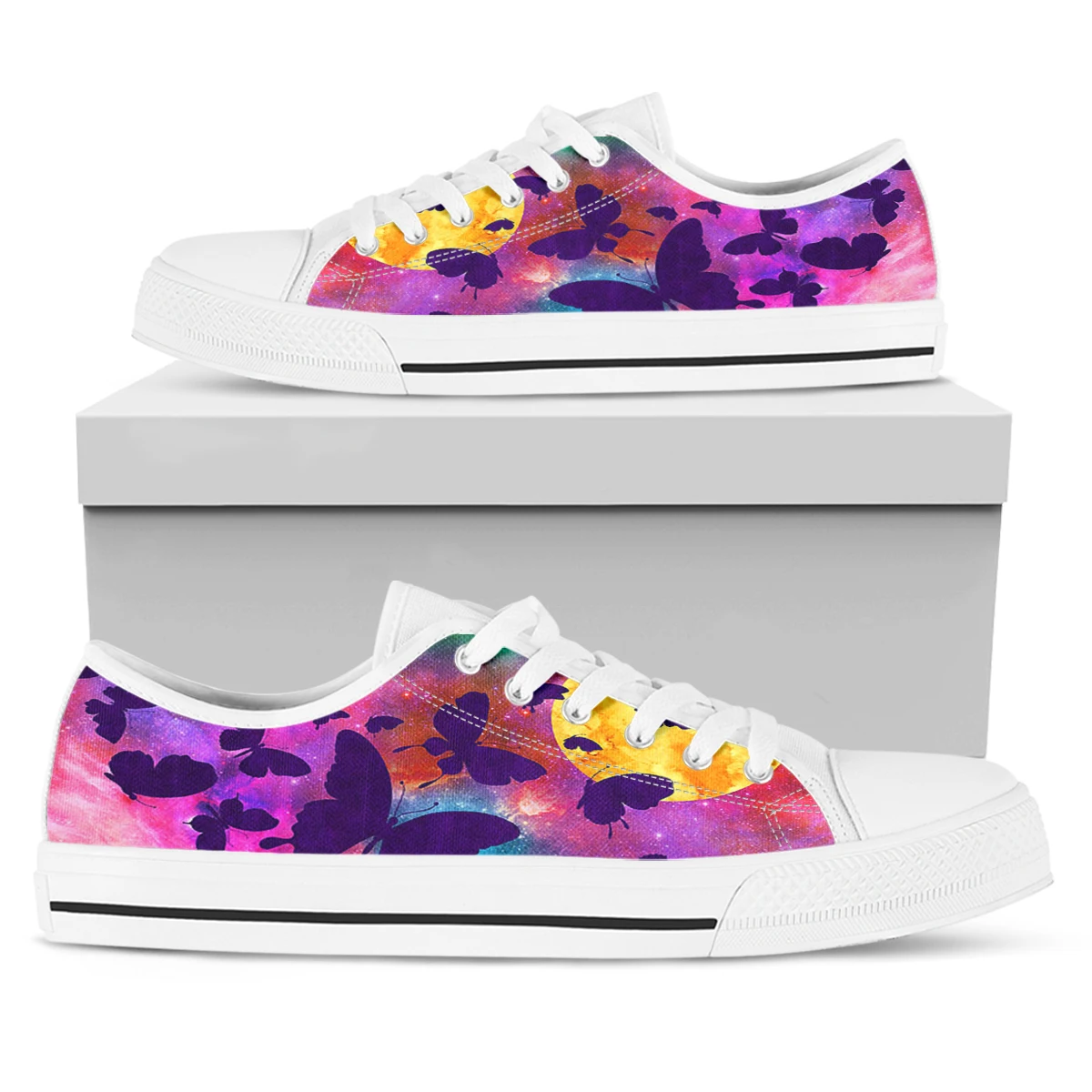 ELVISWORDS Iridescent Ombre Butterfly Print White-Base Canvas Shoes Classic Low Top Women's Shoes Casual Sneakers Zapatos Mujer