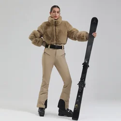 Winter Warm Fur Women One Piece Snow Suit Outdoor Sport Slime Female Ski Jumpsuit Mountain Windproof Woman Snowboard Overalls