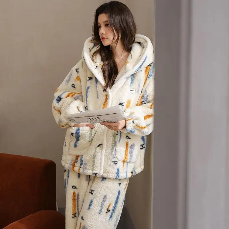 

Winter Thicken Women's Pajamas Hooded Homewear Keep Warm Pj Coral Fleece Thicken Sleepwear Wearable As Outerwear Nightwear Set