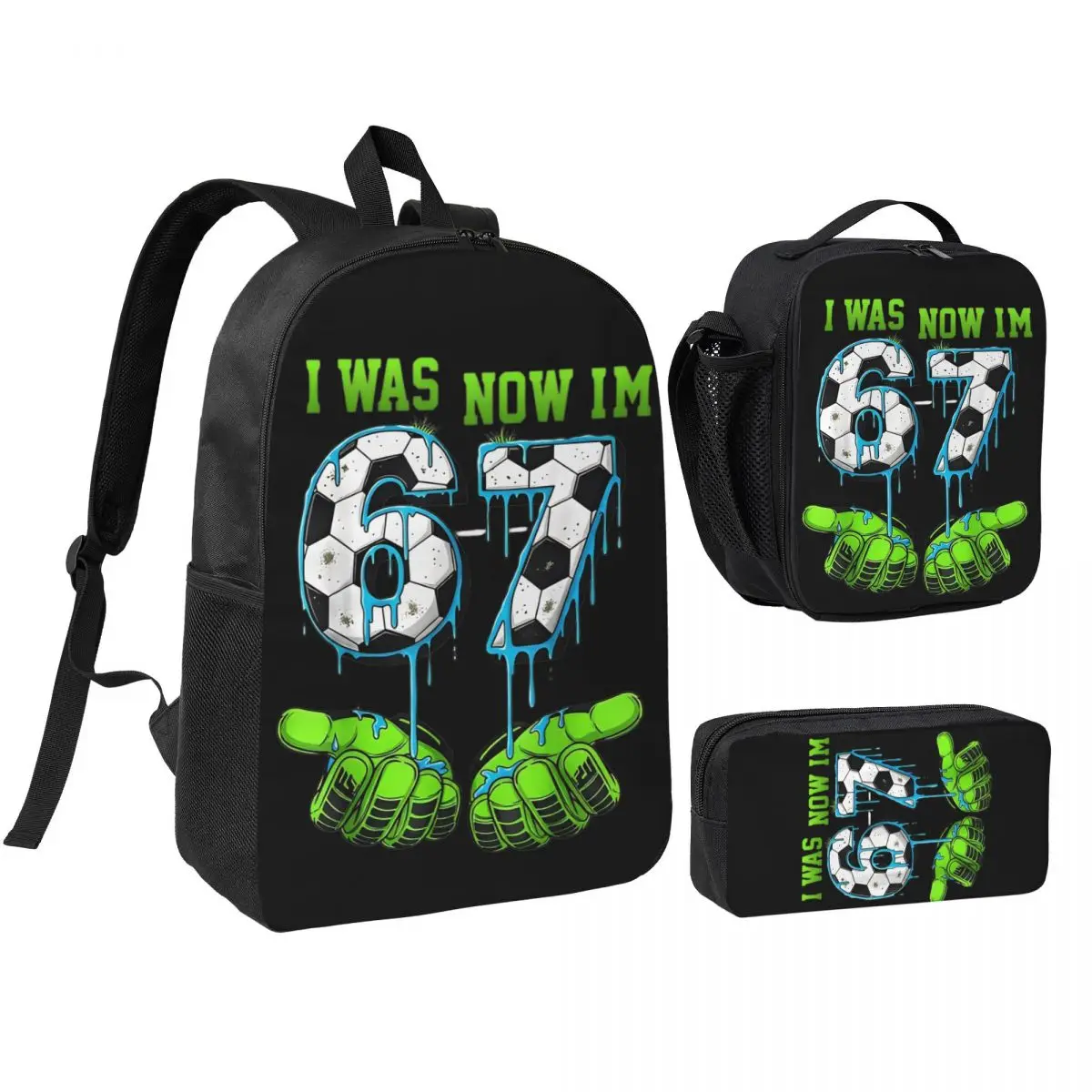 Funny Soccer 67 Six Seven Meme 3pecs/set Backpack for Student High School Canvas Bags Lunch bag Pencil Case