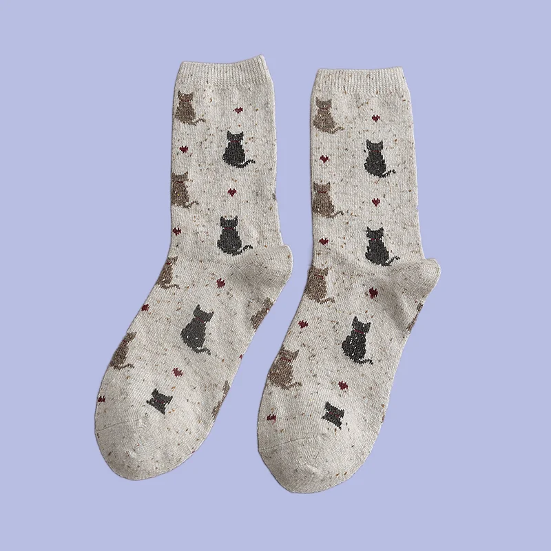 Chaussettes à tube moyen de haute qualité pour femmes, chaussettes empilées rétro, confortables, respirantes, chaudes, dessin animé mignon chat, 5/10 paires