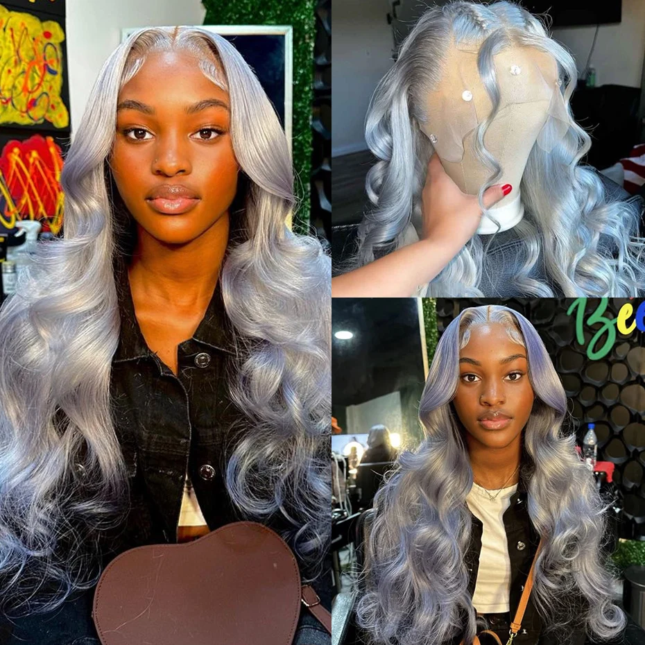 40 بوصة فضي رمادي اللون الجسم موجة الدانتيل الجبهة خصلات الشعر المستعار الإنسان 13x6 HD شفافة 613 الدانتيل الباروكات الأمامية للنساء قبل قطعها