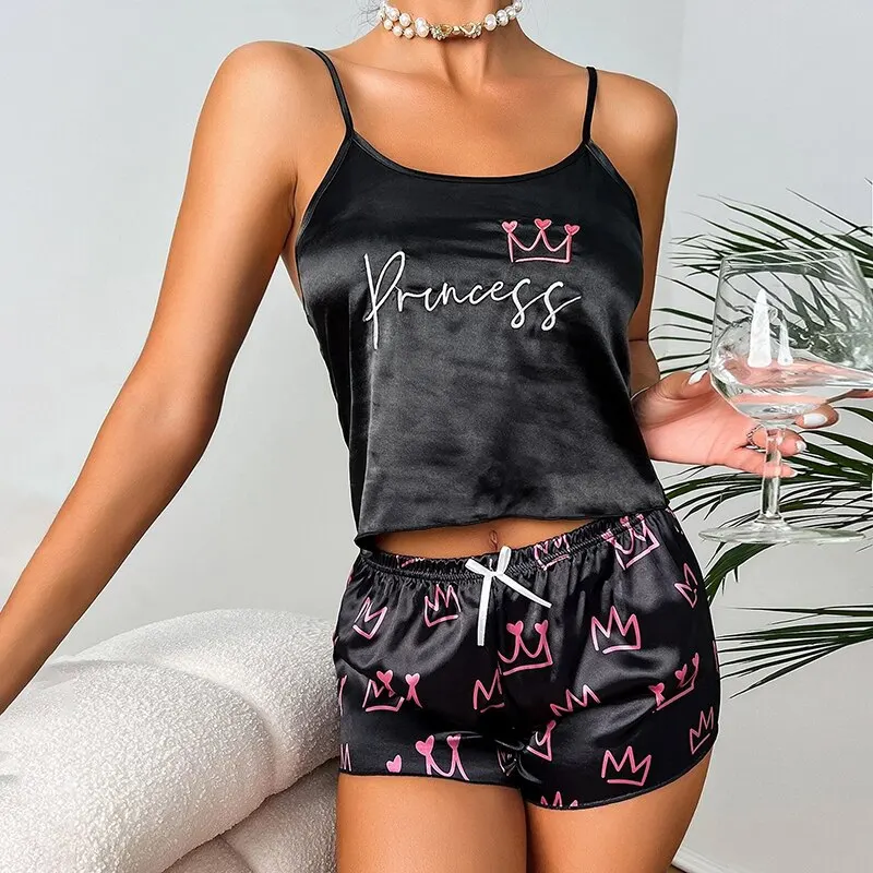 Pajamas Womens Sexy Lingerie Satin Sleepwear Silk Cami Shorts Set Soft Sleep Pjs 2 Piece Nightwear Print Pajamas Mujer Homewear