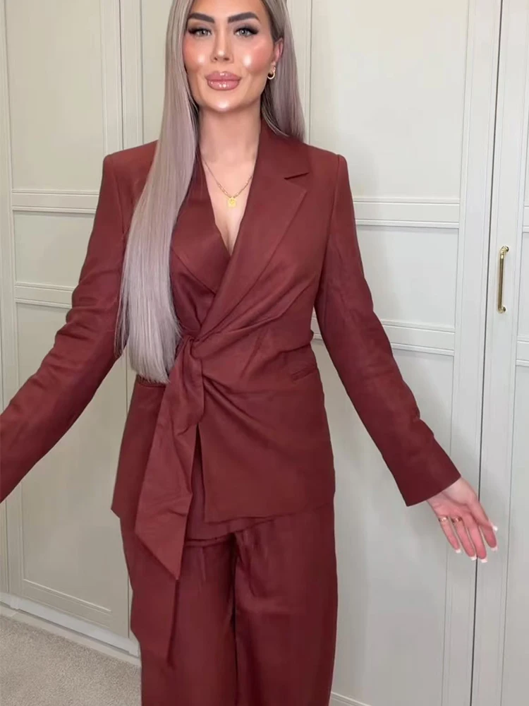 Fashion Office Ladies Blazer Pants Suit Elegant Formal Slim Lace Up Jacket Straight Trouser Lady Commuting Wear 2 Piece Set view 2