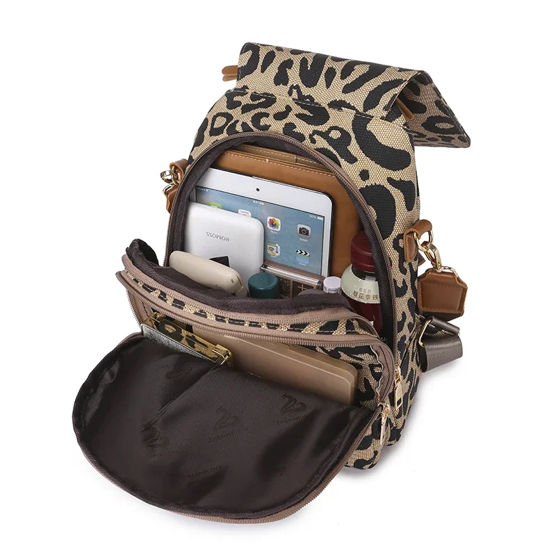 Mochila de viagem leopardo para mulheres mochilas de couro bolsas de ombro bolsas escolares para meninas moda feminina, senhoras, 2023