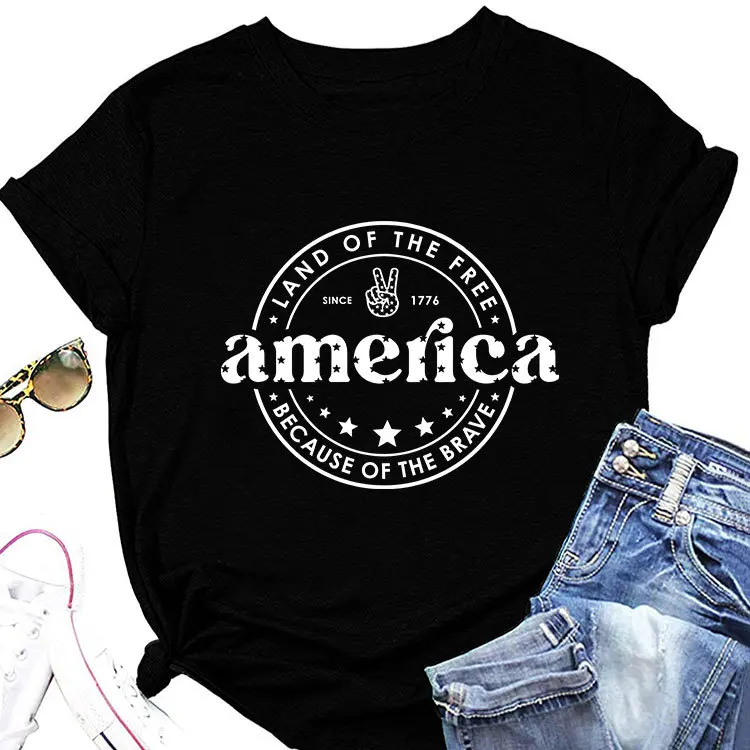 

Summer casual crew-neck T-shirt land of the free since print loose short-sleeved top with new pullover