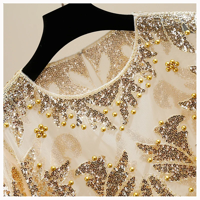 Vintage elegant beading sequins mesh top bling perspective short sleeve t shirt women fashion tee shirt Female