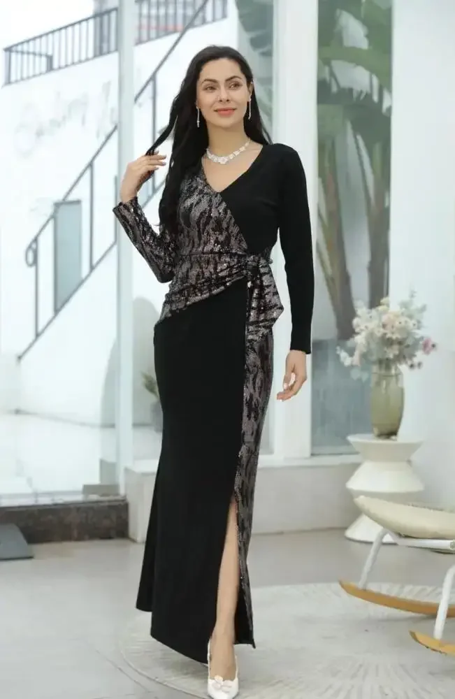 

Arabia Luxury Black Silver V-Neck Evening Gowns Snake Print Sequin Asymmetric High-Slit Bodycon Prom Gala Red Carpet Dresses
