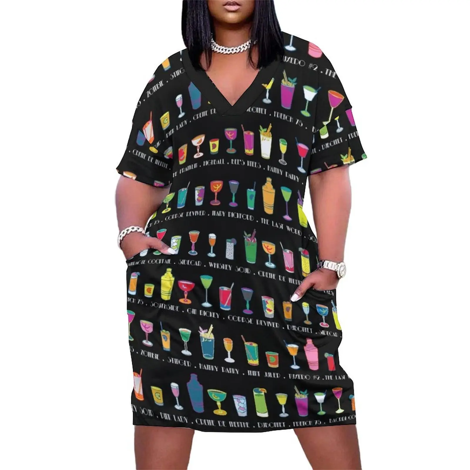 

Line em Up! - Prohibition Cocktails pattern on black by Cecca Designs Loose Pocket Dress women's summer clothing 2025