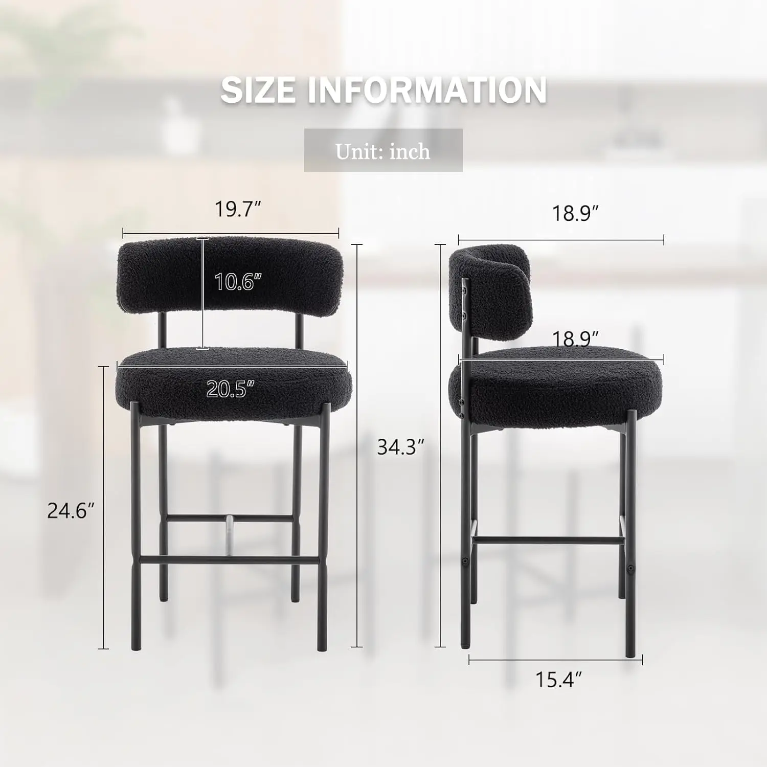 Boucle Bar Stools Set of 2, Black Counter Height Bar Stools with Backs, Modern Barstools for Kitchen Island, Pub, Club