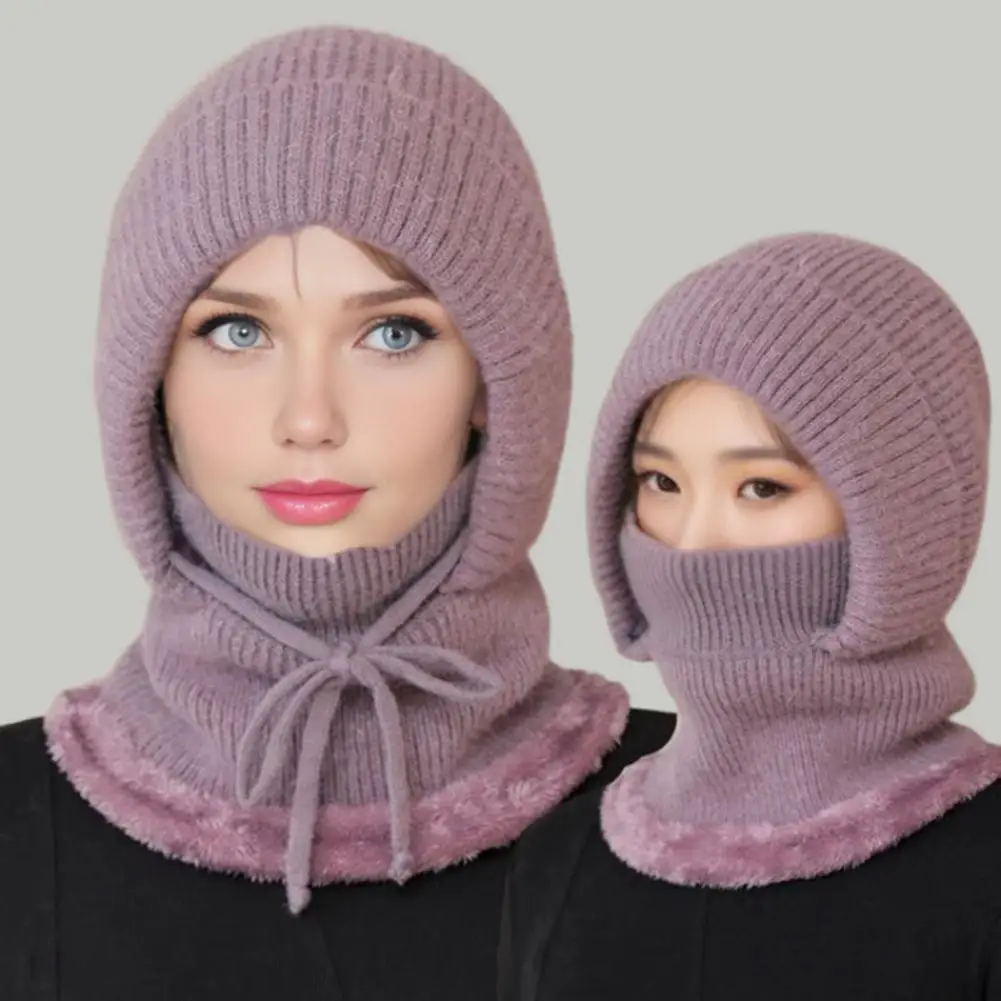 Knitted Hat Winter Ski Hat Outdoor Headgear Windproof Face Guard Scarf Plush Trim Warm Hat for Skiing Hiking Biking Winter