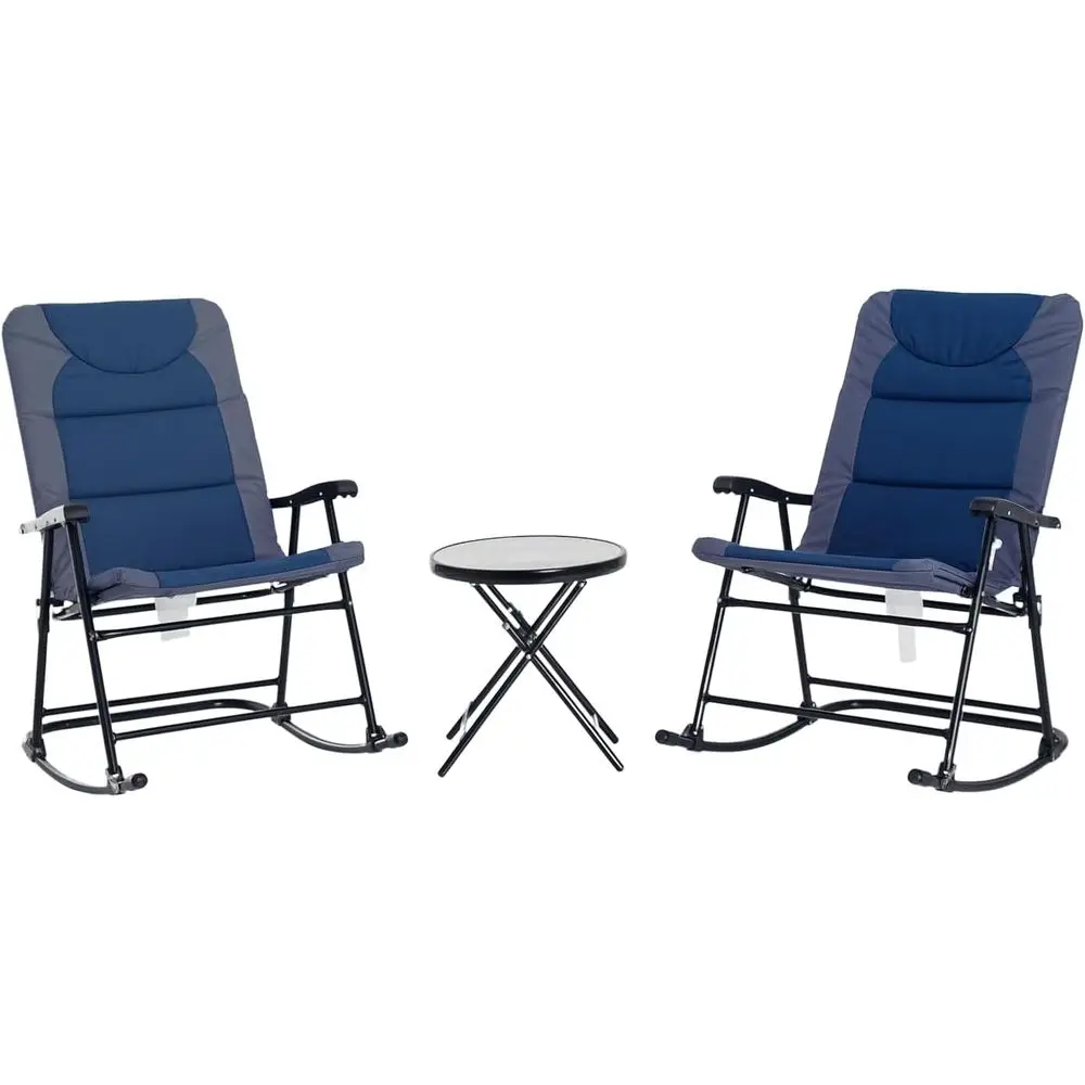 

Navy Blue 3-Piece Outdoor Patio Furniture Set with Glass Coffee Table and 2 Padded Rocking Chairs for Bistro, Porch, Camping, Ba