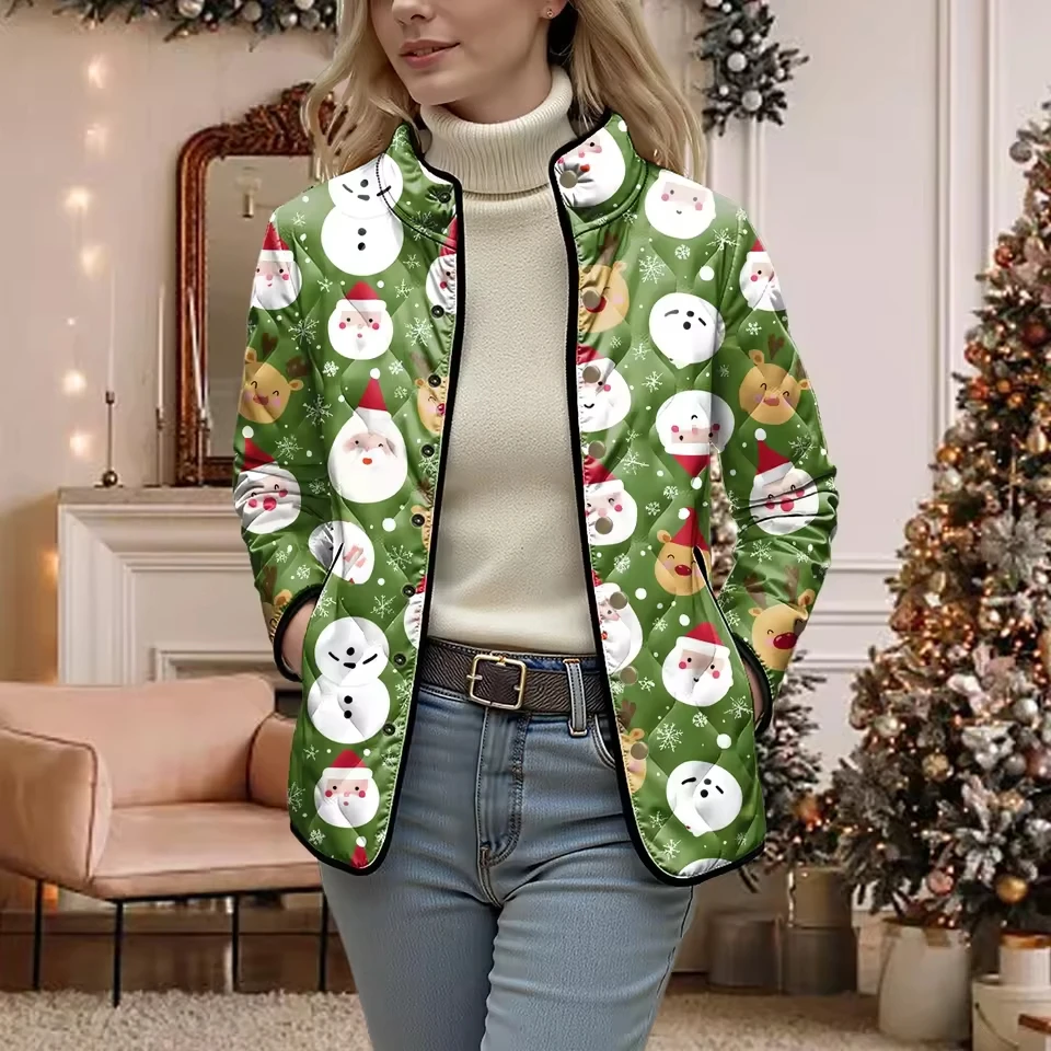 Women's Christmas Printed Casual Fashion Warm Cotton With Round Neck Ladies Korean Fashion Casual Loose Zip Up s