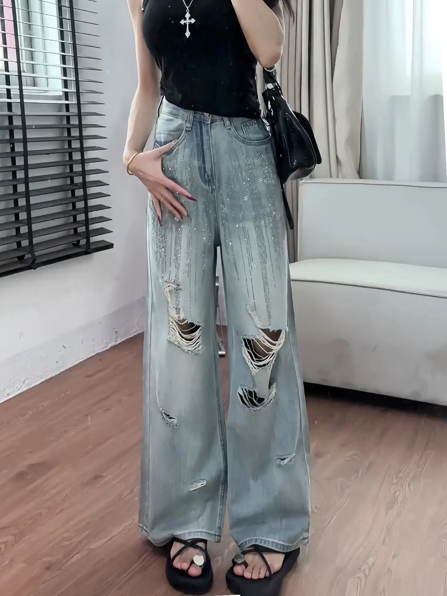Y2K Retro Rhinestone Ripped Straight Leg Jeans Thin Loose Wide Leg Floor Length Pants Summer for Women