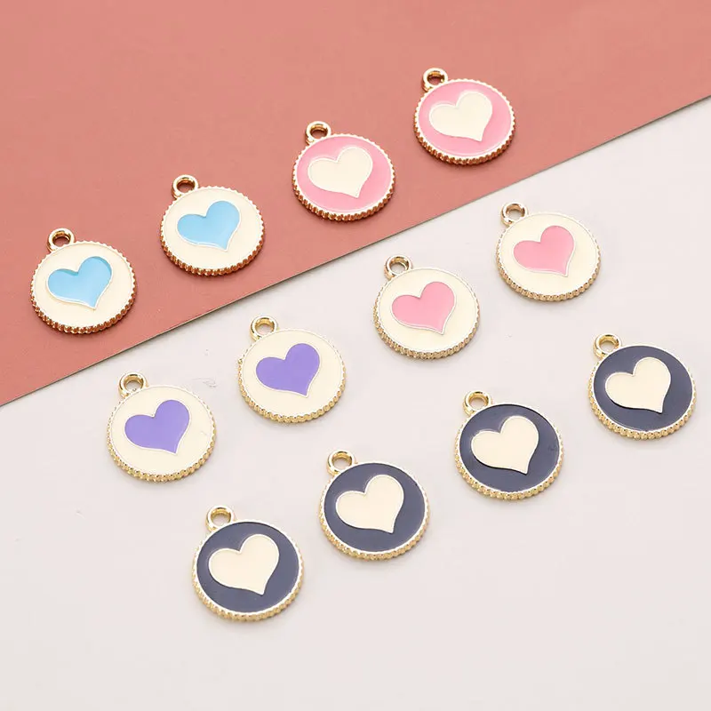 10pcs 16*16mm 라운드 하트 에나멜 펜 던 트 쥬얼리에 대 한 컬러 매력 액세서리 만들기 여성 귀걸이 목걸이 DIY 만들기