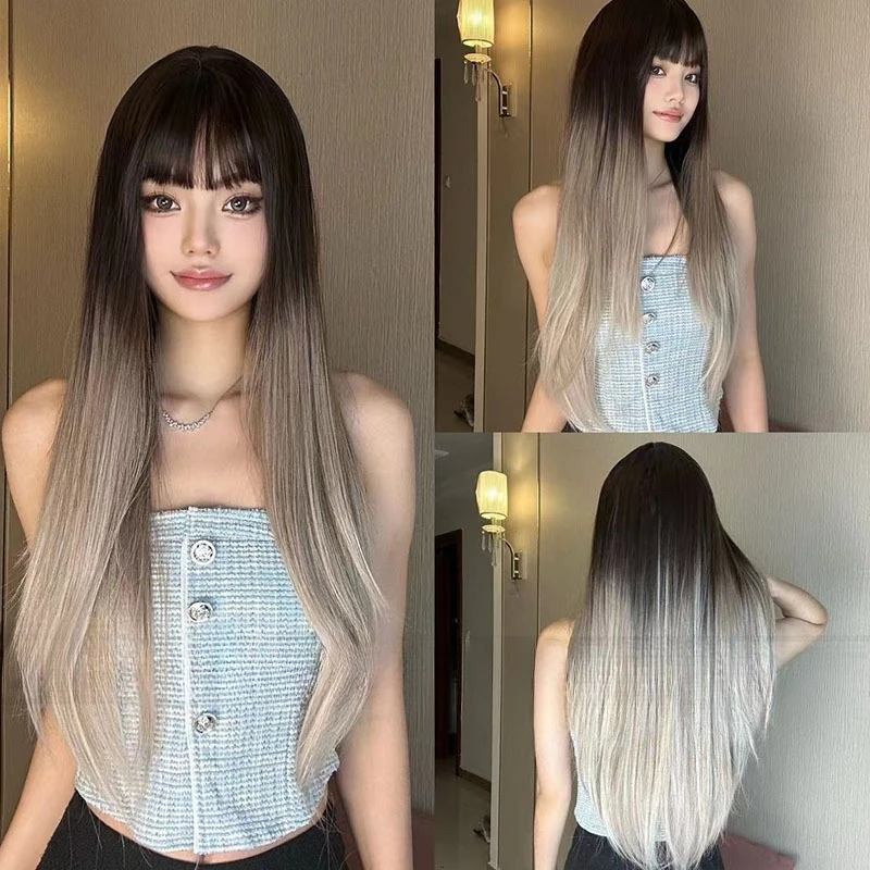 Nuova parrucca Qi con capelli lunghi e lisci, parrucca graduale del cambiamento di colore delle donne alla moda, parrucche europee e americane