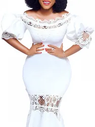 African Dresses For Women Evening Party Gown Off Shoulder Puff Sleeve Lace Splice Mermaid Dress Elegante Robe African Dashiki