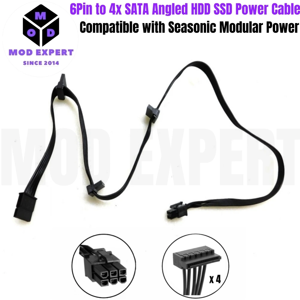 

6Pin to 4x SATA Male Angled SSD HDD Power Cable for Seasonic PRIME 1000W, 850W, 750W, 650W Titanium Modular Power, 50+15+15+15CM