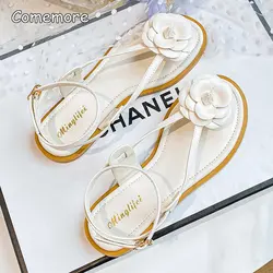 Comemore 2023 Summer New Elegant Women's Sandals Fashion Flat Female Shoes Flower Design Black White Flip-flops Large Size 42 43