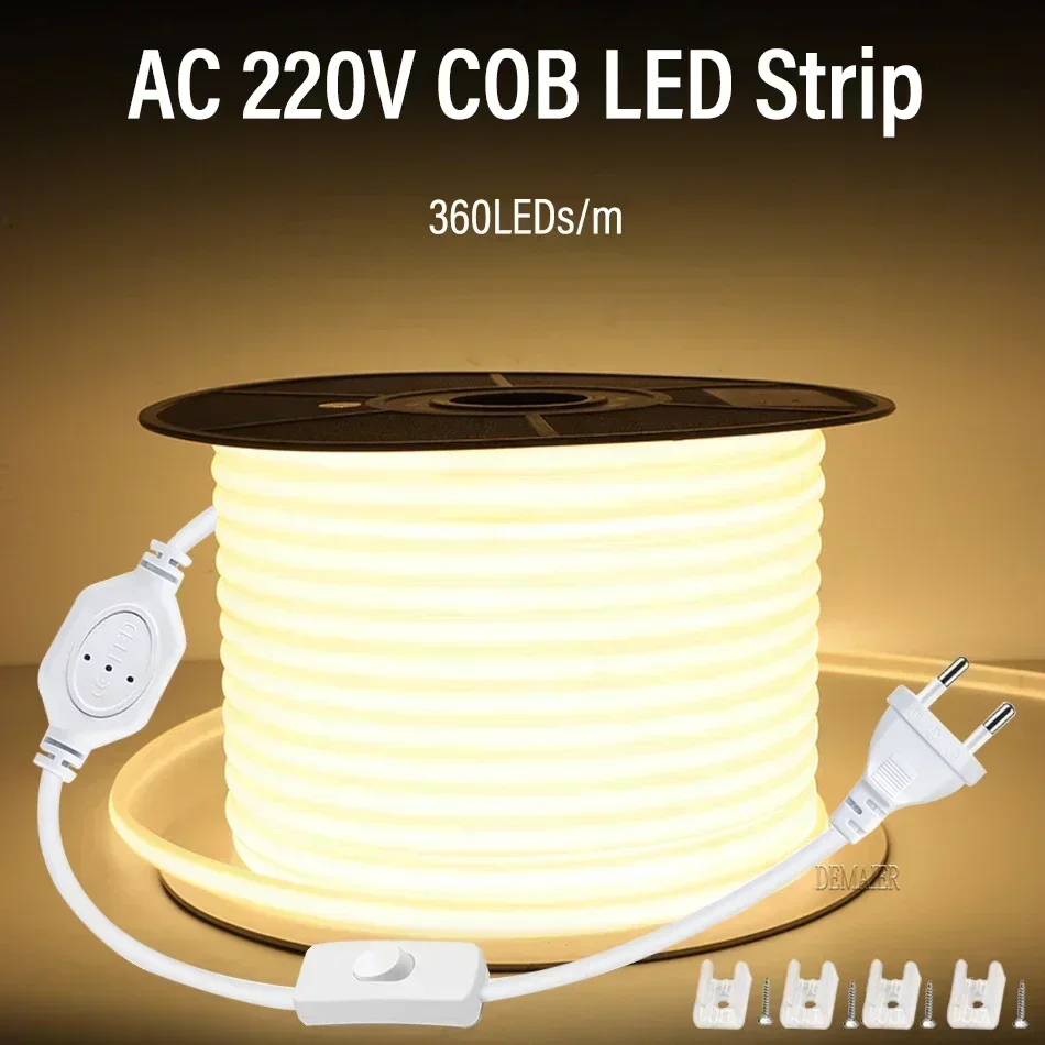 Lampu Strip LED COB 110V 220V Super Terang 360LED/m Tahan Air Dengan Saklar Catu Daya EU/US Lampu Luar Ruangan Fleksibel 1M-100M
