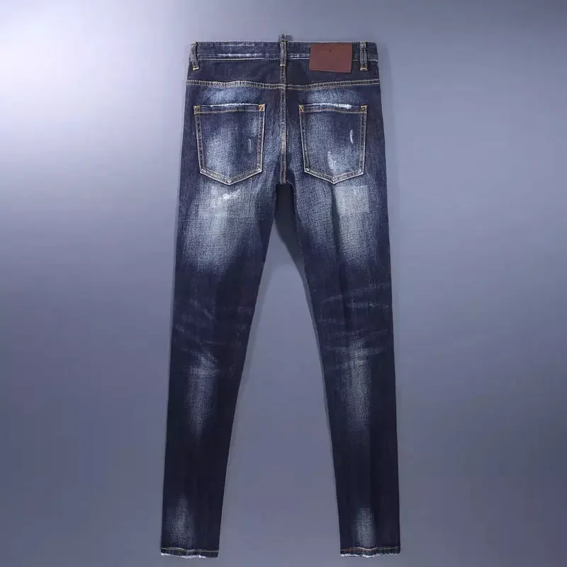 Jeans rasgado azul retrô masculino, calça stretch, calça slim fit, designer remendada, marca hip-hop, moda de rua alta