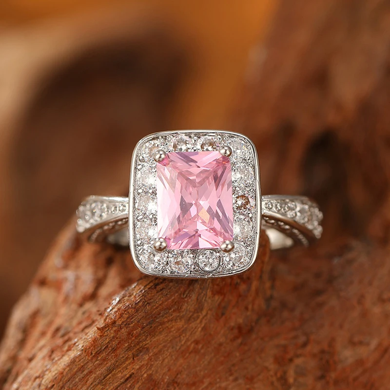 Square Pink Sparkling Zircon Princess 925 Sterling Silver Engagement Ring for Girlfriends Luxury Proposal Gift Fashion Jewelry