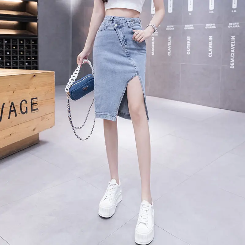 Female Jeans Skirts with Slit Women's Denim Skirt Midi Patchwork Clothing Trend 2024 Korean Fashion Summer Style Aesthetic Sales