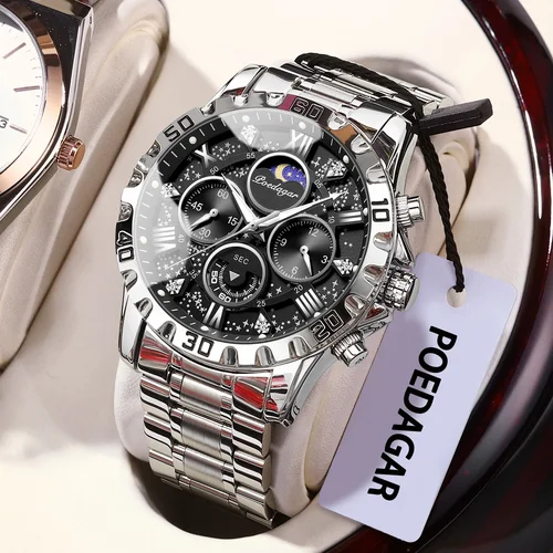 Reloj POEDAGAR de lujo para hombre, Reloj de pulsera de cuarzo de acero inoxidable luminoso resistente al agua para hombre, cronógrafo, relojes militares para hombre