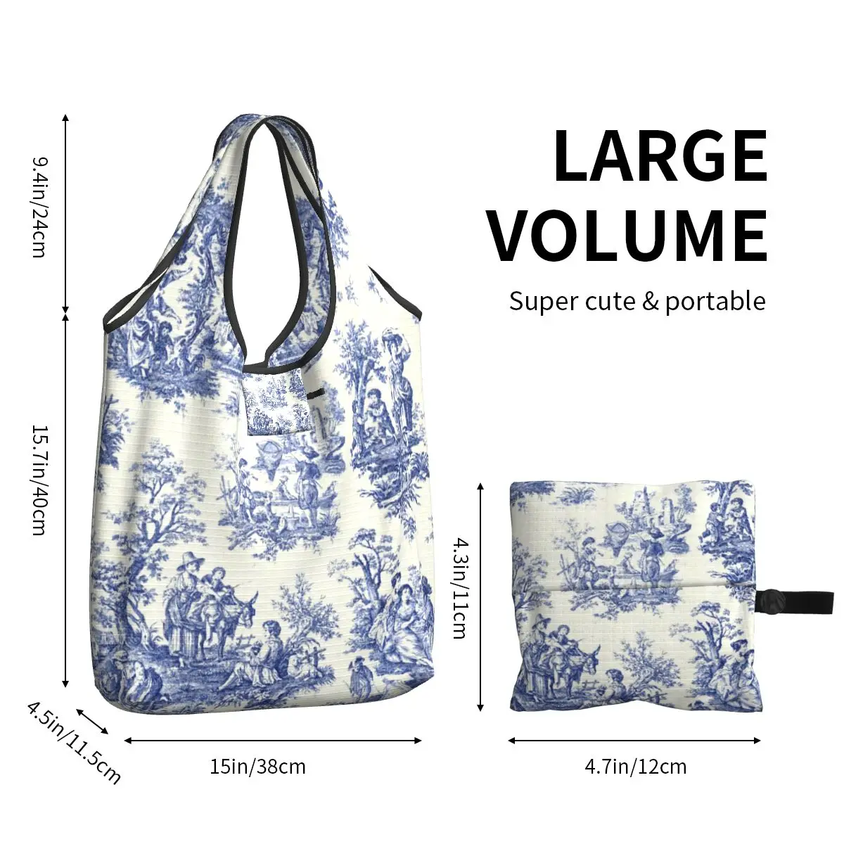 Francese blu Navy Toile De Jouy motivo motivo borsa per la spesa Shopper Tote borsa a tracolla grande tradizionale francia arte borsa